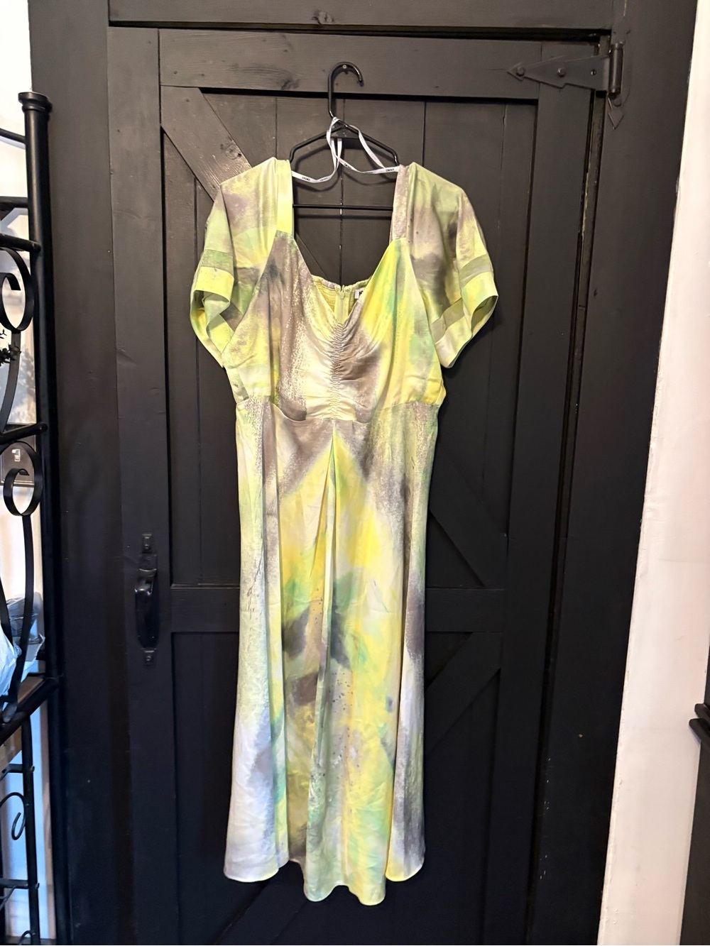 DKNY Yellow and Gray Watercolor Ruched Midi Dress with Green Hues